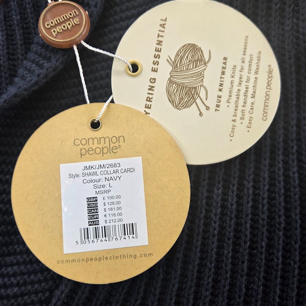 Common People Navy Shawl Collar V-Neck Button Up Ribbed Knit Cardigan Preppy L